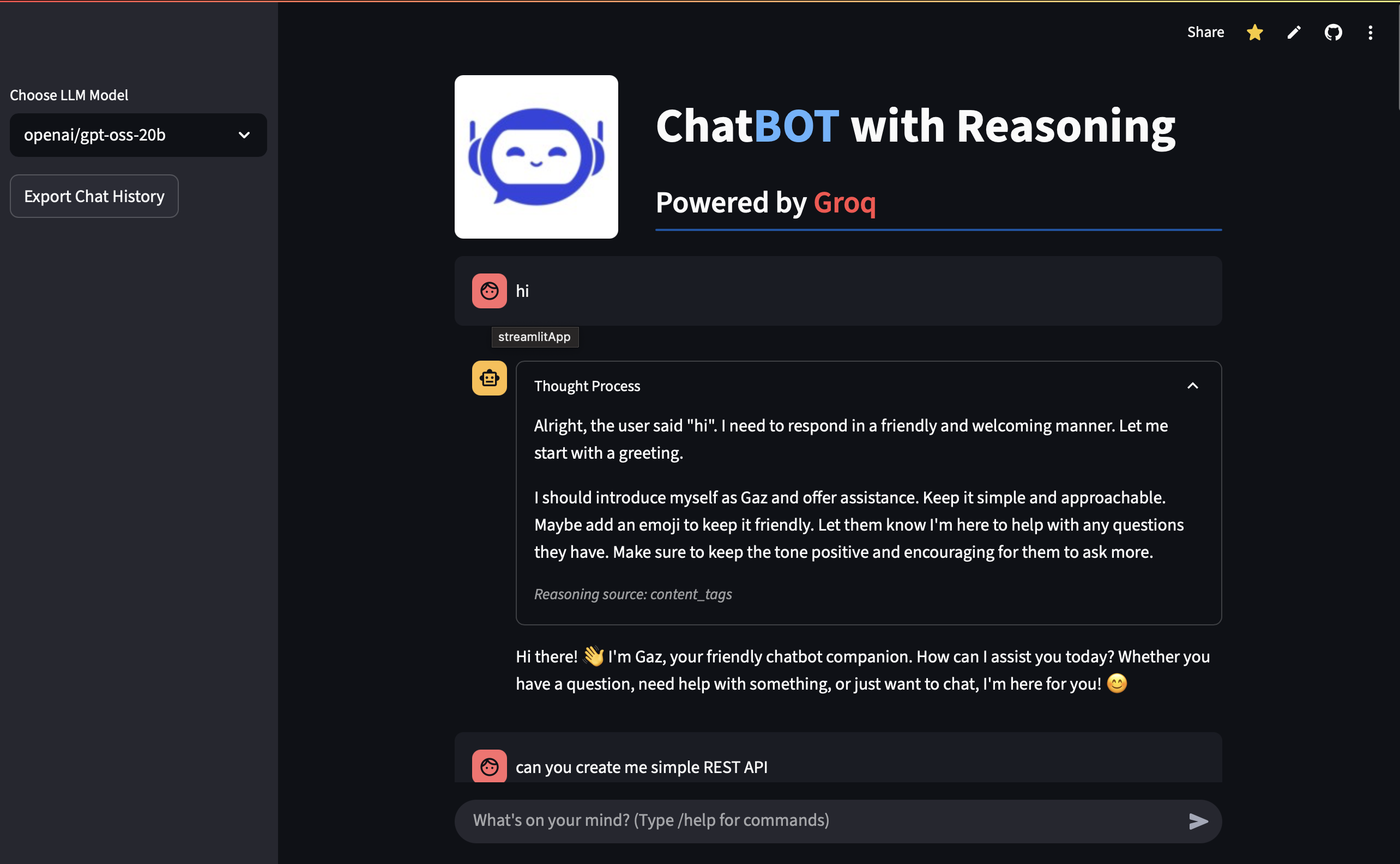 Streamlit Reasoning ChatBot using Groq